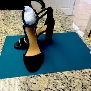 Badgleymischka JEWEL black satin open toe ankle strap evening shoes